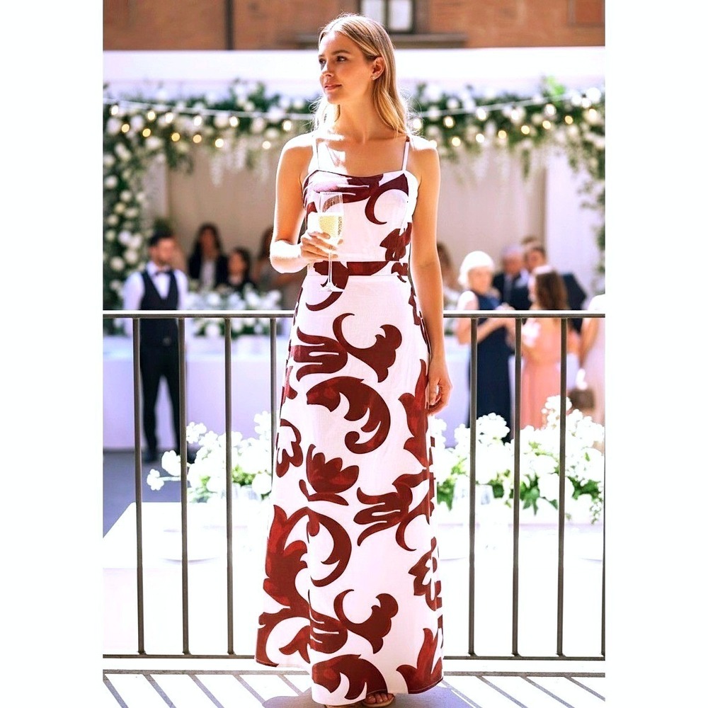 Cotton Maxi Dress Women Lrg.‎ (L) White Burgundy NWT Cotton Scroll Print BU8440